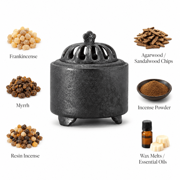 Obsidian black ceramic electric incense burner shown with frankincense myrrh resin incense agarwood sandalwood chips incense powder wax melts and essential oils