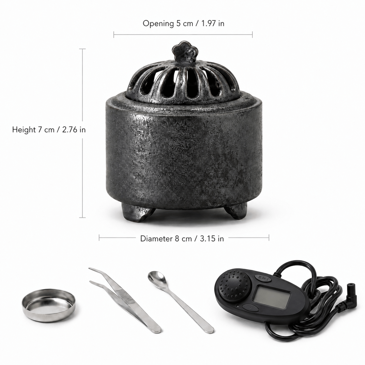 Obsidian black ceramic electric incense burner size guide showing an 8 centimeter diameter 7 centimeter height and included dish tweezers spoon and digital controller