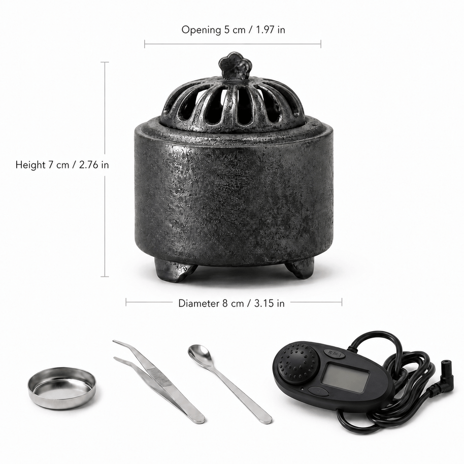 Obsidian black ceramic electric incense burner size guide showing an 8 centimeter diameter 7 centimeter height and included dish tweezers spoon and digital controller