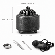 Obsidian black ceramic electric incense burner size guide showing an 8 centimeter diameter 7 centimeter height and included dish tweezers spoon and digital controller