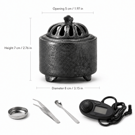 Obsidian black ceramic electric incense burner size guide showing an 8 centimeter diameter 7 centimeter height and included dish tweezers spoon and digital controller