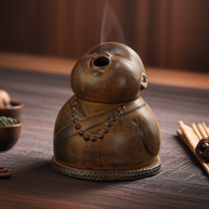 The peaceful little monk incense burner sitting on a wooden surface with smoke gently rising from its mouth, surrounded by incense accessories and wooden sticks, creating a calming zen atmosphere for home decor.