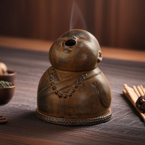 The peaceful little monk incense burner sitting on a wooden surface with smoke gently rising from its mouth, surrounded by incense accessories and wooden sticks, creating a calming zen atmosphere for home decor.