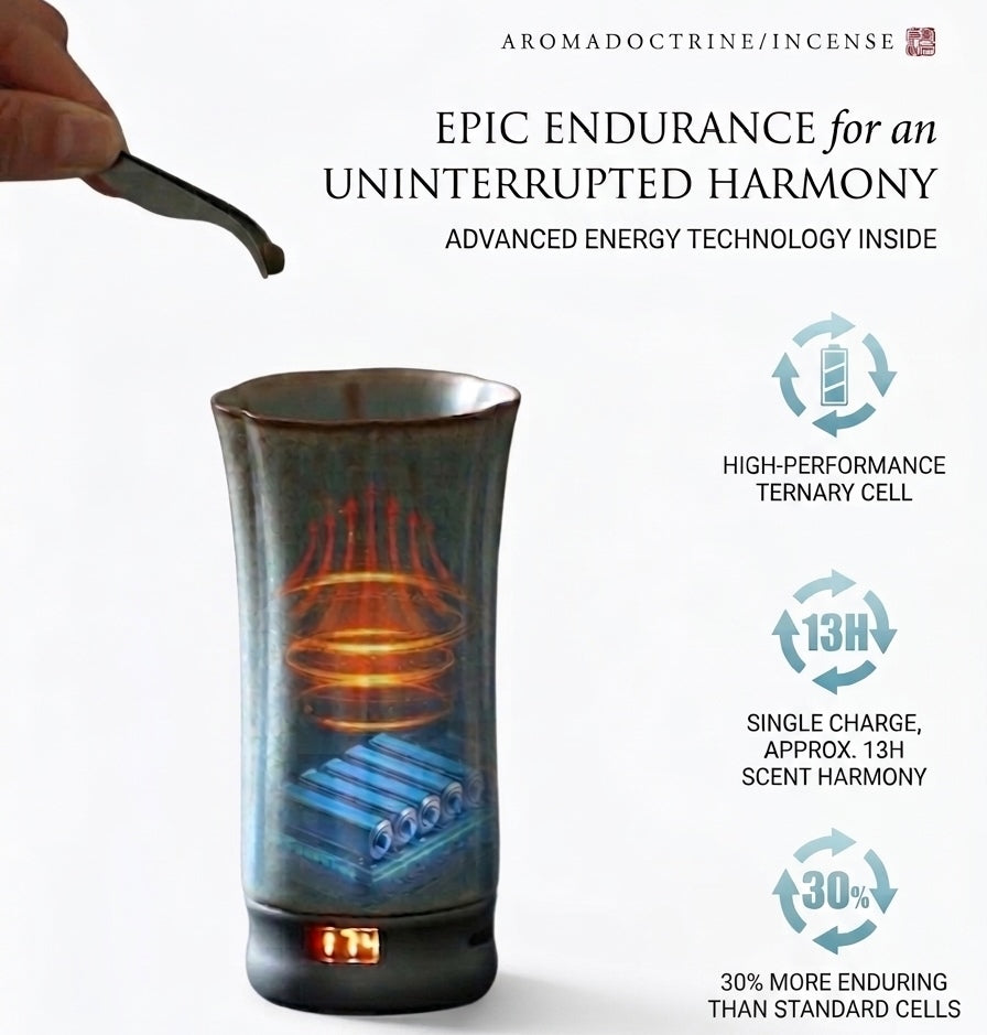Battery endurance infographic for a portable electric incense burner for car and travel, highlighting rechargeable power, up to 13 hours of use, and a digital temperature display