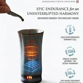 Battery endurance infographic for a portable electric incense burner for car and travel, highlighting rechargeable power, up to 13 hours of use, and a digital temperature display