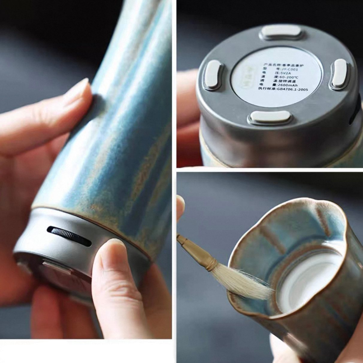 Detail views of the portable electric incense burner for car and travel, showing the ceramic body, bottom controls, underside base, and inner cup with cleaning brush