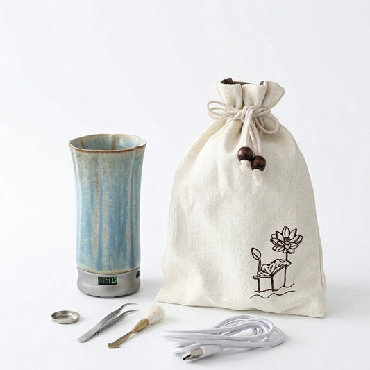 Portable electric incense burner car travel set with storage pouch, USB charging cable, tweezers, cleaning brush, and metal tray