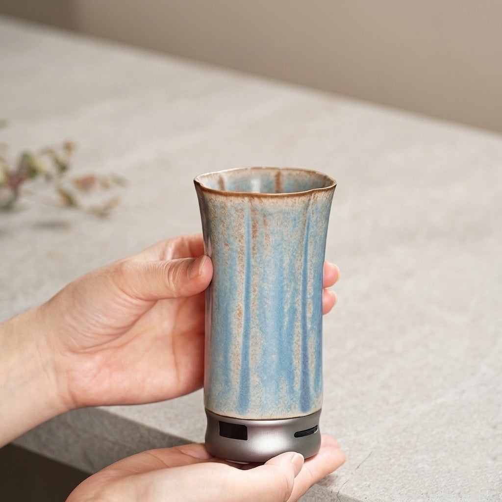 Compact portable electric incense burner for car and travel shown held in both hands, featuring a blue ceramic body and dark base