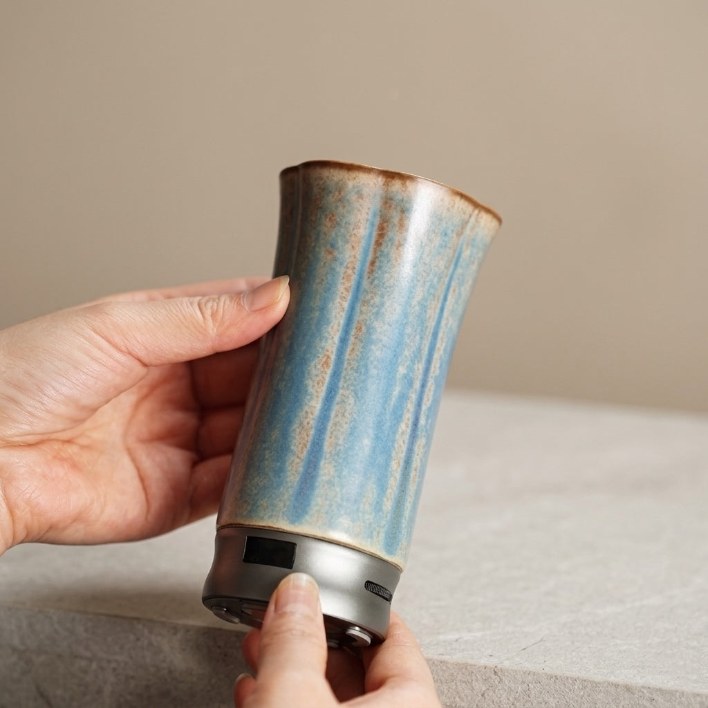 Portable electric incense burner for car and travel shown in hand, featuring a blue ceramic body and black base