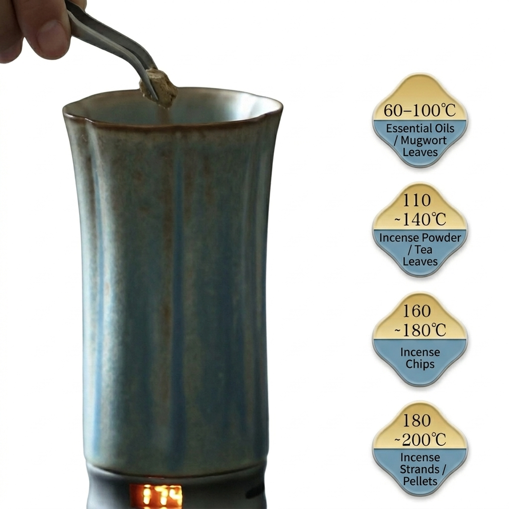 Temperature guide for a portable electric incense burner for car and travel, showing heat settings for essential oils, mugwort leaves, incense powder, tea leaves, incense chips, and incense strands or pellets