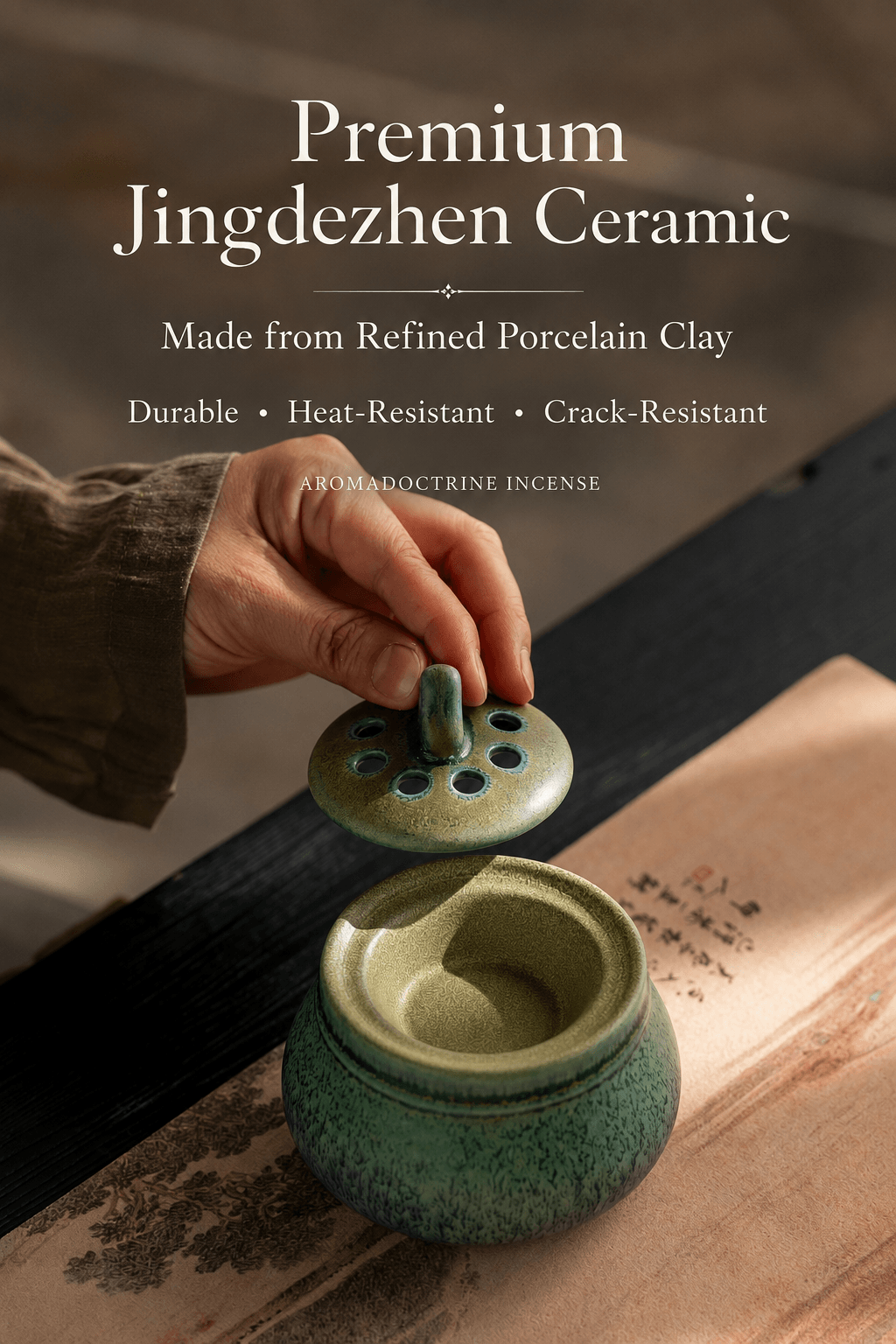Jingdezhen ceramic electric incense burner made from refined porcelain clay with a heat resistant, crack resistant body and removable lid for flameless incense, resin, essential oils, and home fragrance use.
