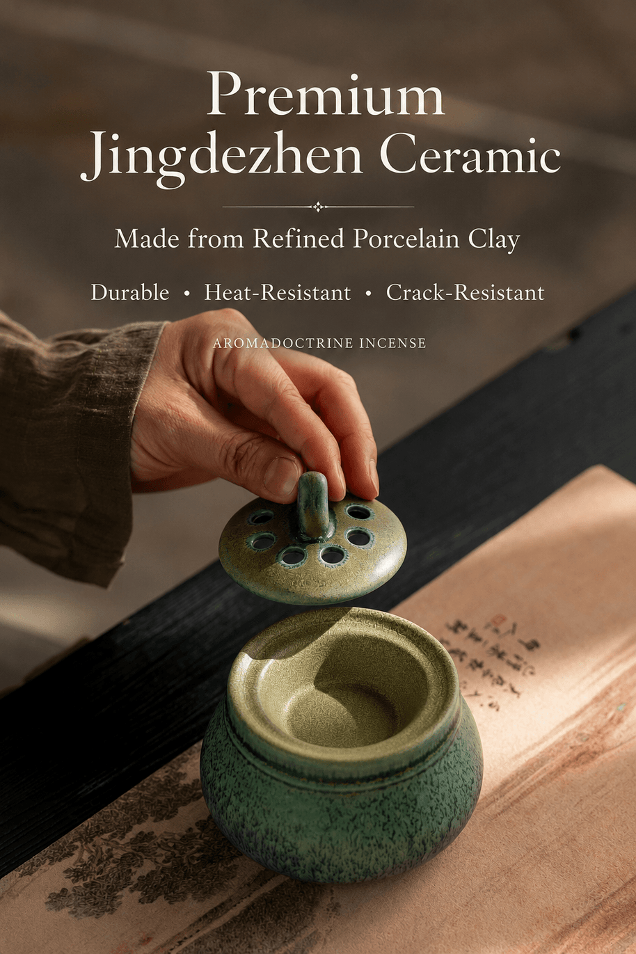 Jingdezhen ceramic electric incense burner made from refined porcelain clay with a heat resistant, crack resistant body and removable lid for flameless incense, resin, essential oils, and home fragrance use.