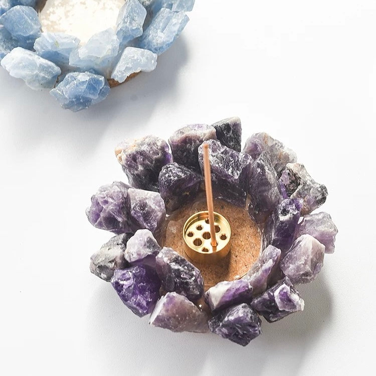 Deep purple raw amethyst crystal incense holder with removable brass insert shown with incense stick