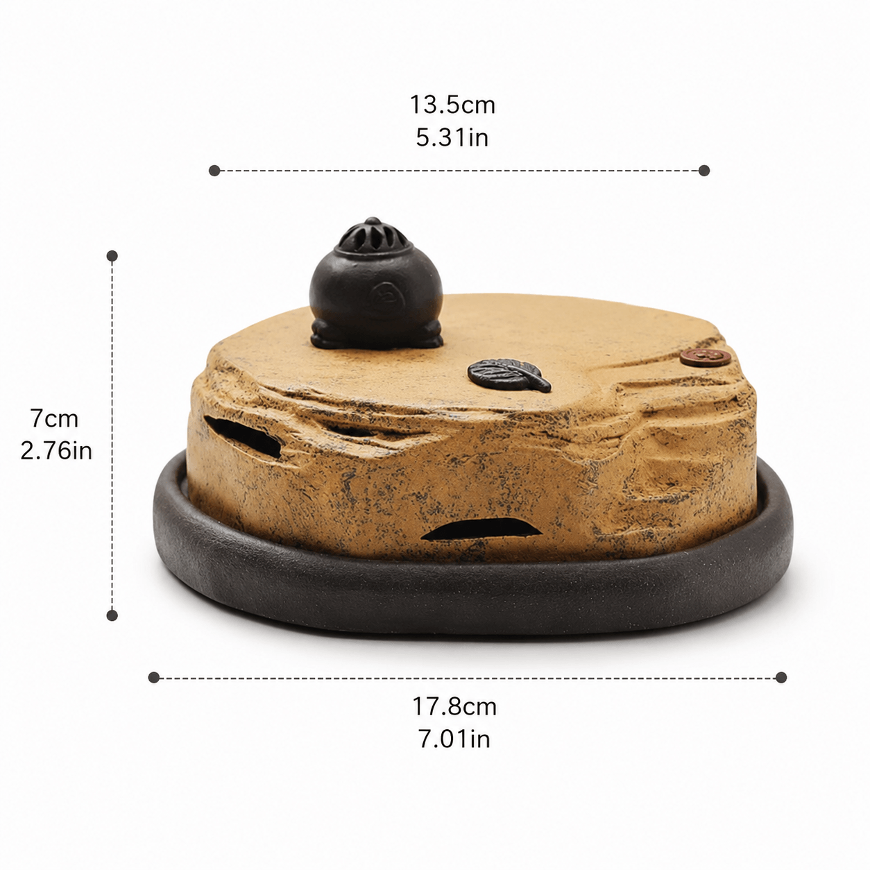 Handmade Yixing purple clay incense burner with a removable tray and vented lid, shown with size measurements of 17.8 cm long, 13.5 cm wide, and 7 cm high.