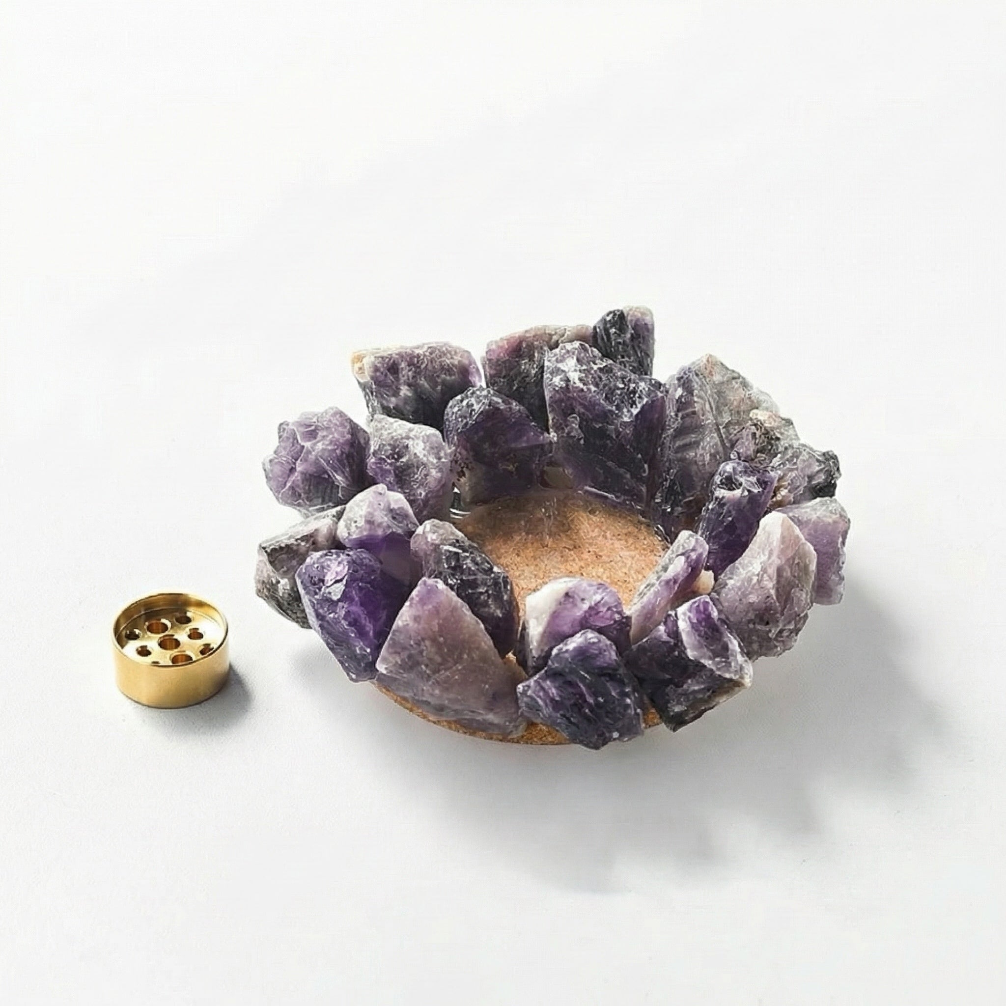 Raw purple quartz crystal incense holder ring with removable brass insert displayed separately on white background
