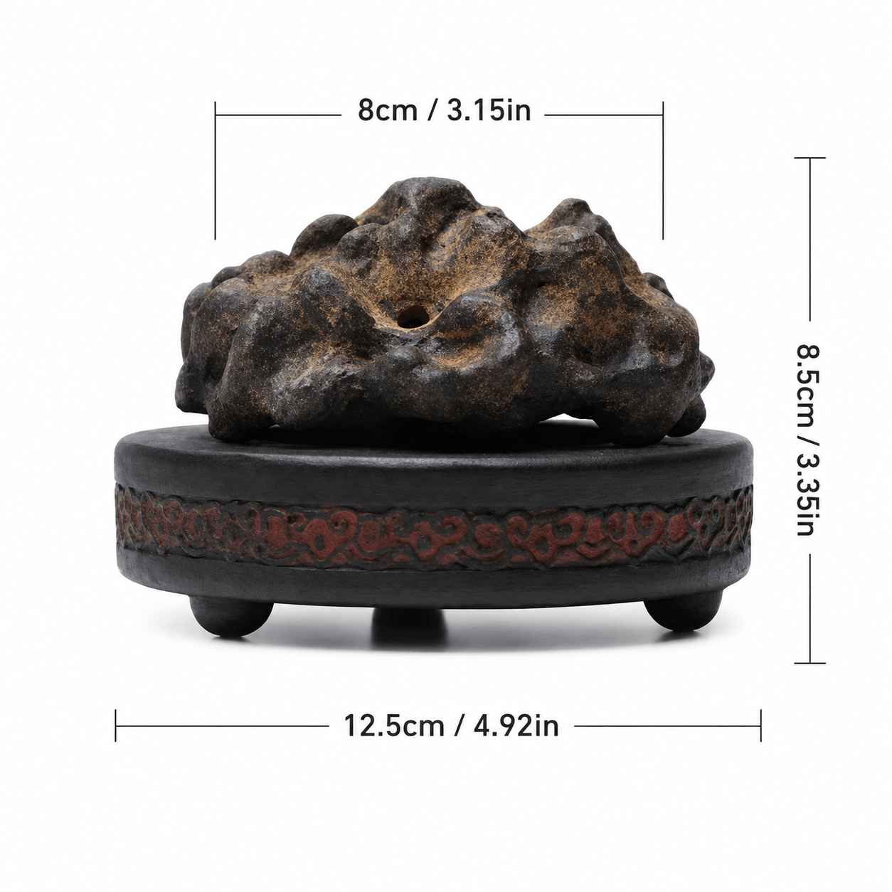 Front view of rock-form purple clay incense burner with detailed dimensions: base diameter 12.5 cm, total height 8.5 cm, and top width 8 cm