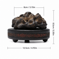 Front view of rock-form purple clay incense burner with detailed dimensions: base diameter 12.5 cm, total height 8.5 cm, and top width 8 cm
