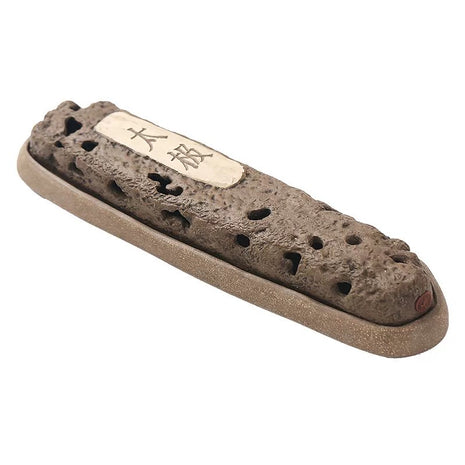 Rustic ceramic incense holder box with a handmade volcanic rock texture, vented cover, engraved plaque with Chinese characters, and an elongated tray base on a clean white background.