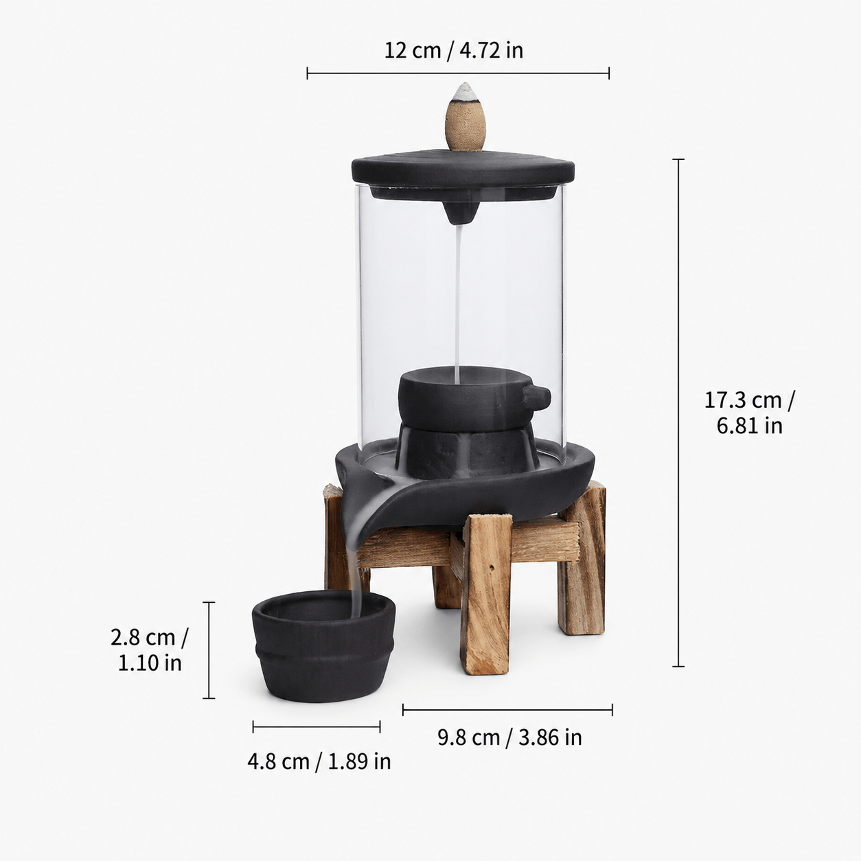 Backflow glass incense burner with wooden stand, showing dimensions 6.7in tall, 4.6in wide, and 3.7in deep.