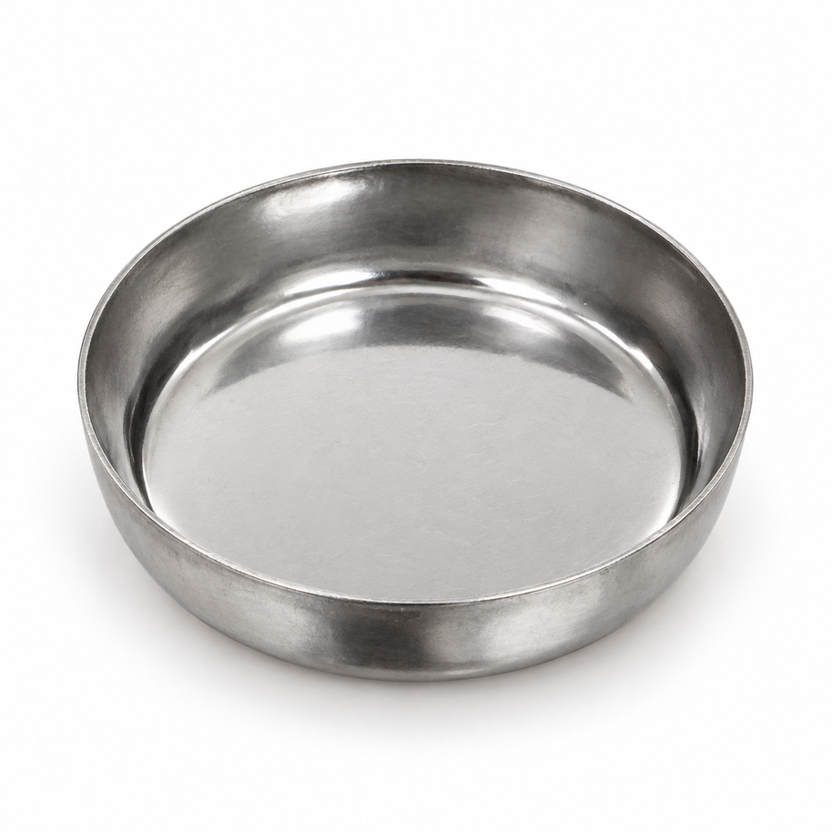Round silver metal incense dish with a thin rim, shown at an angle on a white background.
