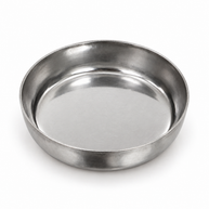 Round silver metal incense dish with a thin rim, shown at an angle on a white background.