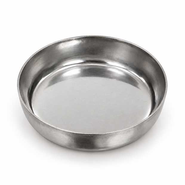 Round silver metal incense dish with a thin rim, shown at an angle on a white background.