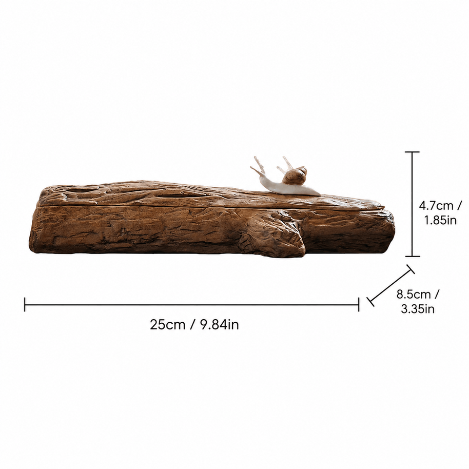 Snail-inspired ceramic incense holder box with a handmade tree branch design, shown with size measurements of 25 cm long, 8.5 cm wide, and 4.7 cm high.