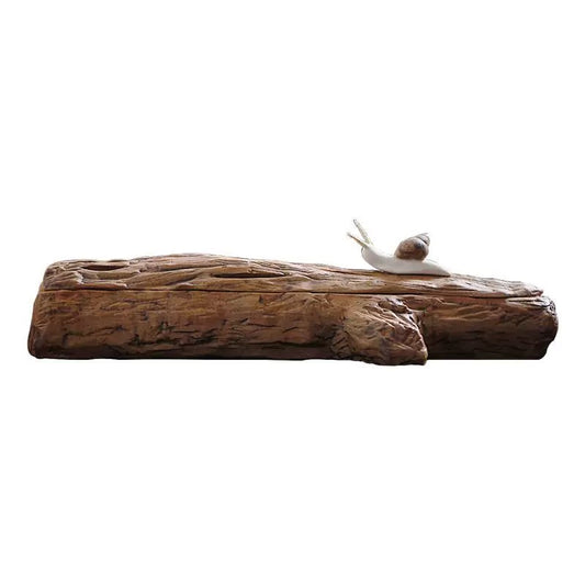 Handmade ceramic incense holder box designed to look like a natural tree branch, featuring a small snail figurine on top and a rustic wood-like texture, displayed on a clean white background.