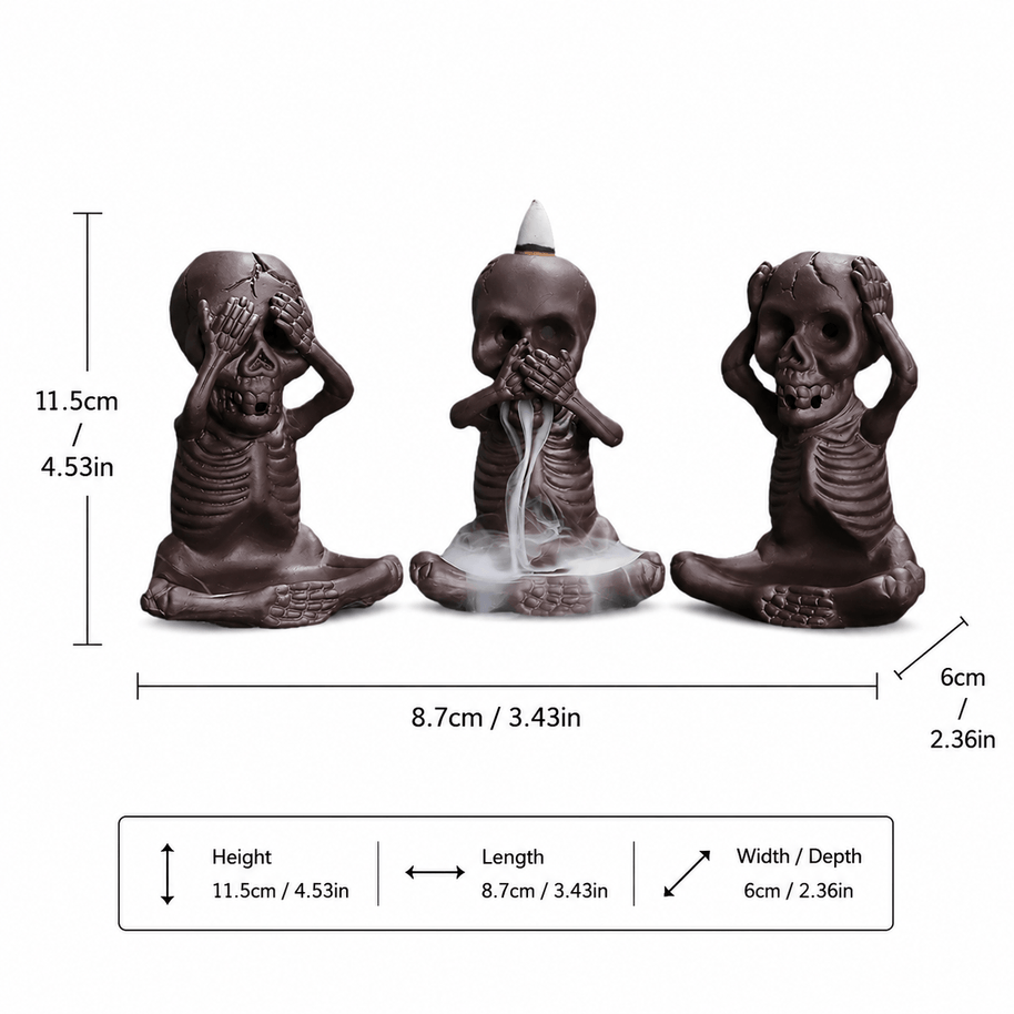 Three wise skeletons backflow incense burner with smoke flowing from the center figure, shown with size measurements of 11.5 cm high, 8.7 cm long, and 6 cm deep.
