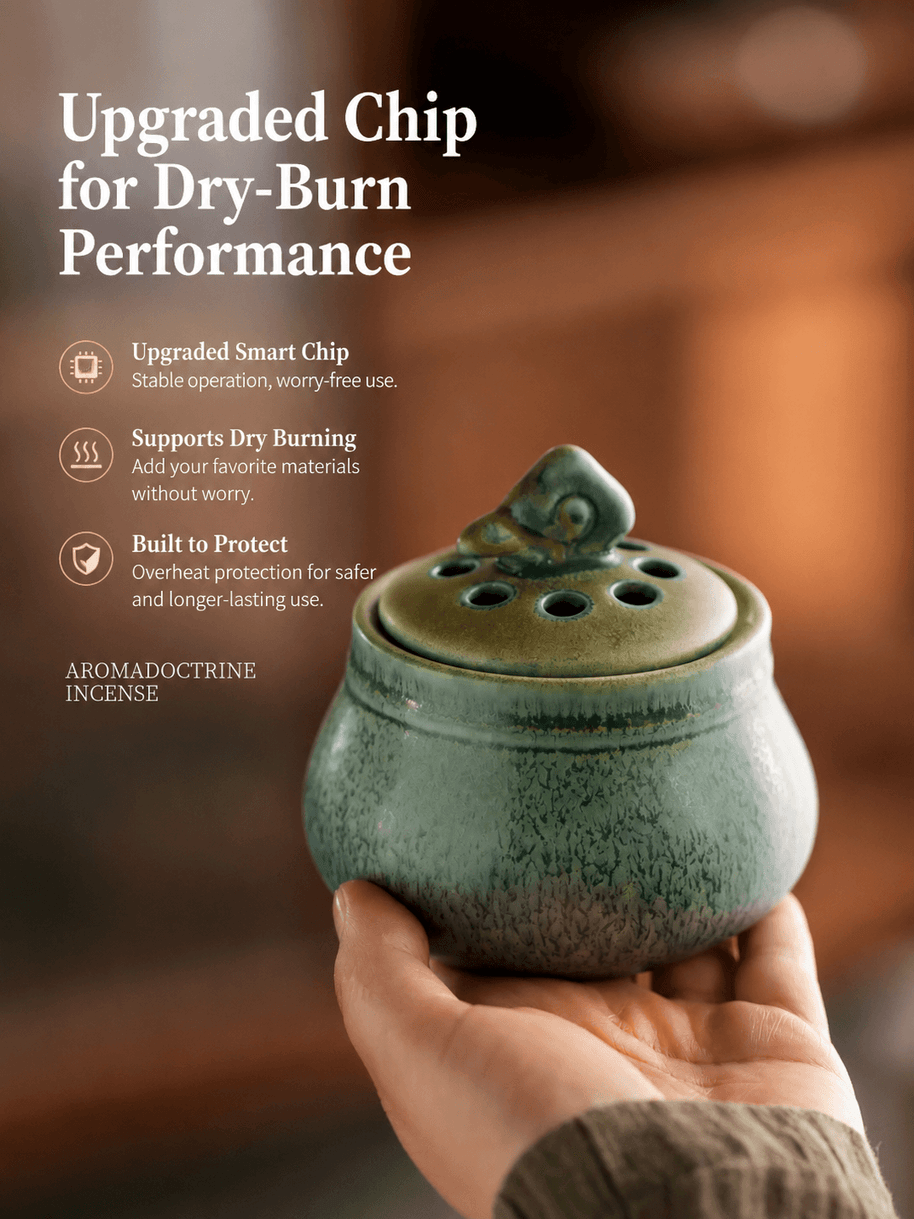 Ceramic electric incense burner with upgraded smart chip, dry burn support, overheat protection, and stable flameless aroma heating for safe home fragrance use.