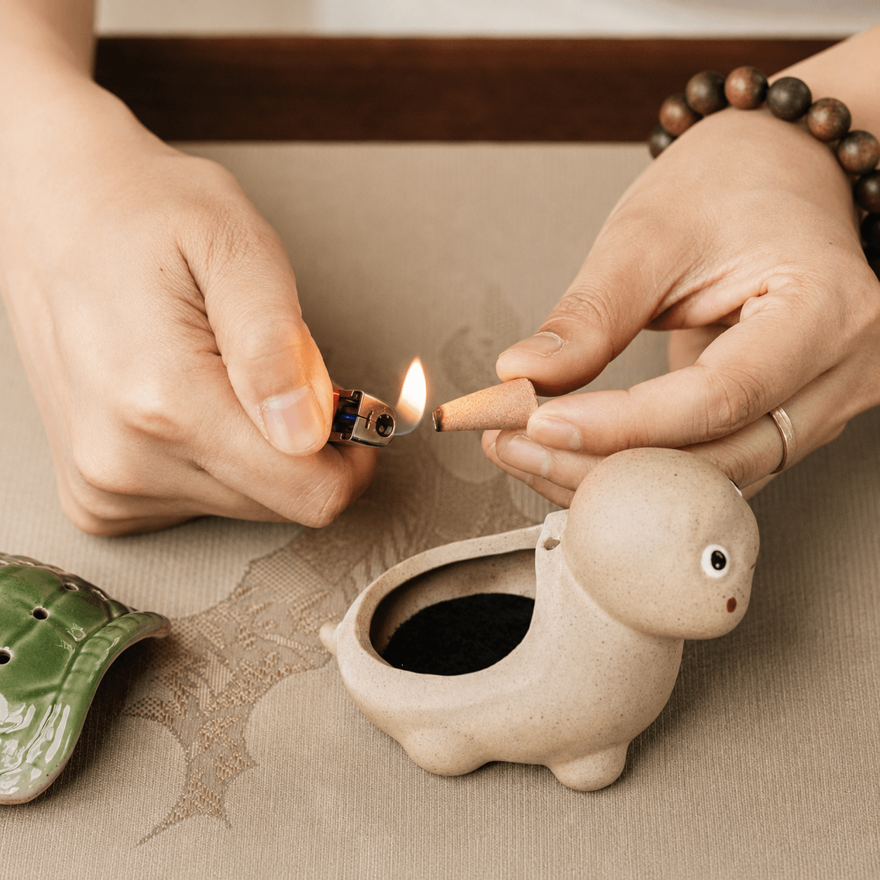 Handmade Ceramic Turtle Incense Burner Gift Set – Green Glazed Cone & Coil Holder