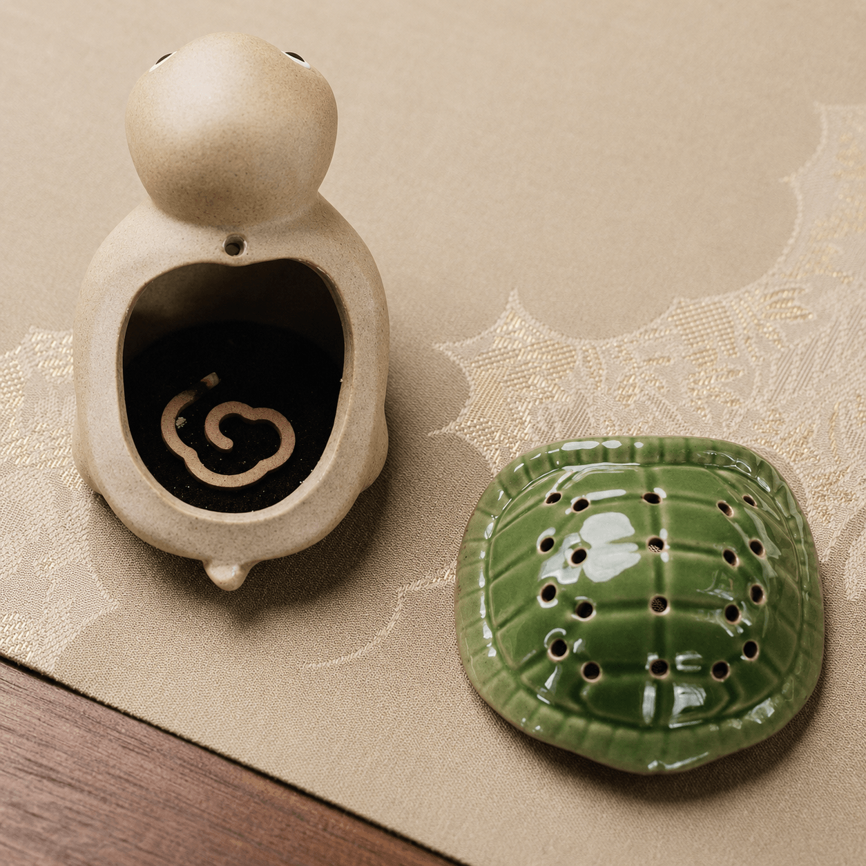 Handmade Ceramic Turtle Incense Burner Gift Set – Green Glazed Cone & Coil Holder