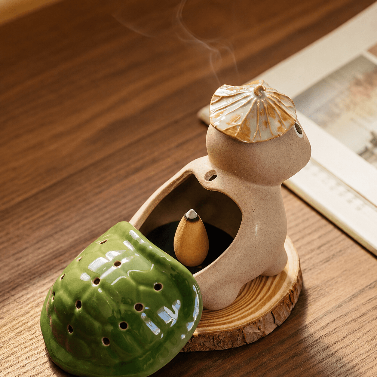 Handmade Ceramic Turtle Incense Burner Gift Set – Green Glazed Cone & Coil Holder
