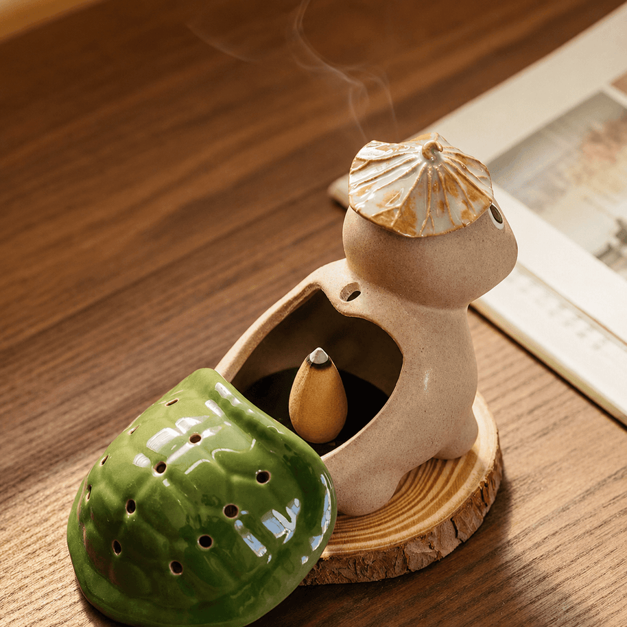 Handmade Ceramic Turtle Incense Burner Gift Set – Green Glazed Cone & Coil Holder