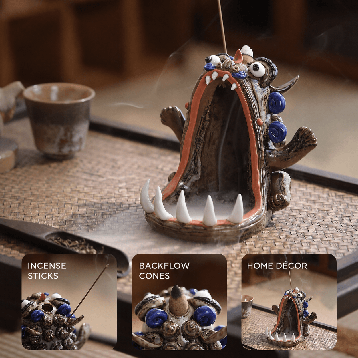 Hand-Sculpted Ceramic Monster Incense Burner – Backflow & Stick Holder, Gift-Boxed