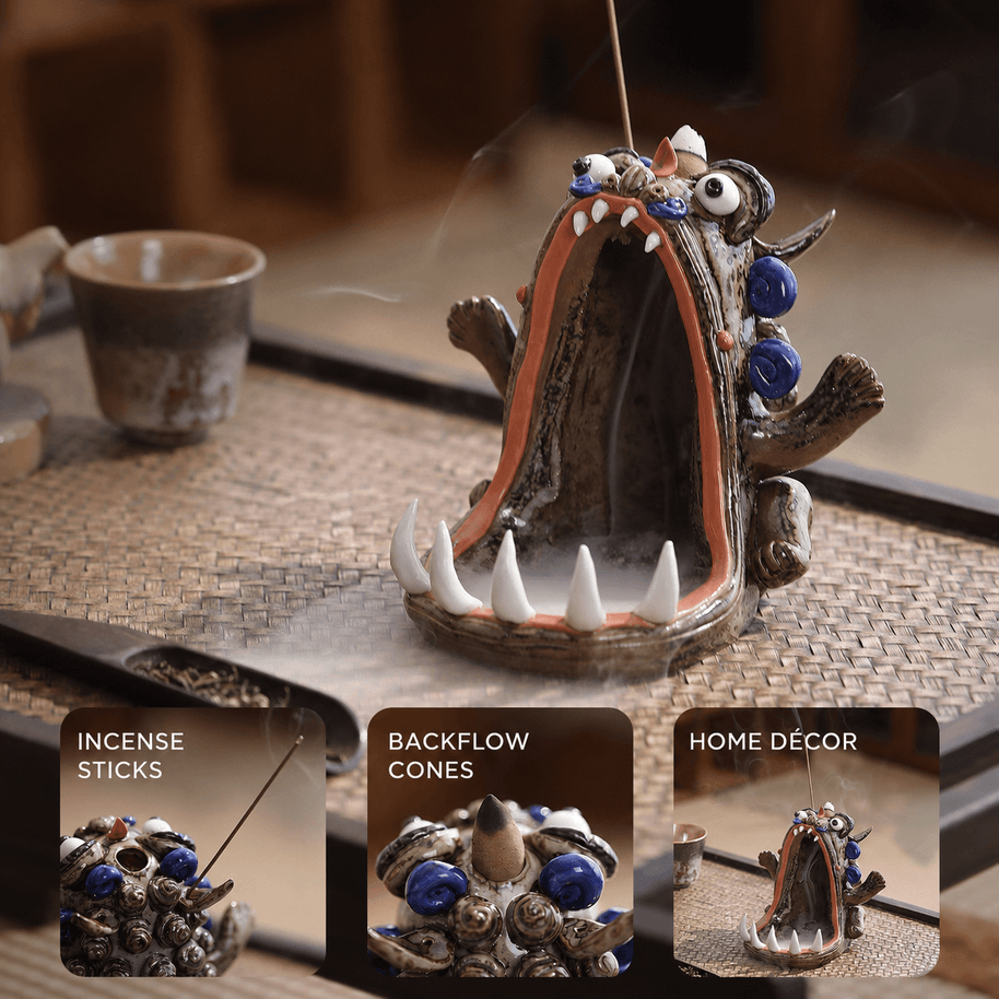 Hand-Sculpted Ceramic Monster Incense Burner – Backflow & Stick Holder, Gift-Boxed