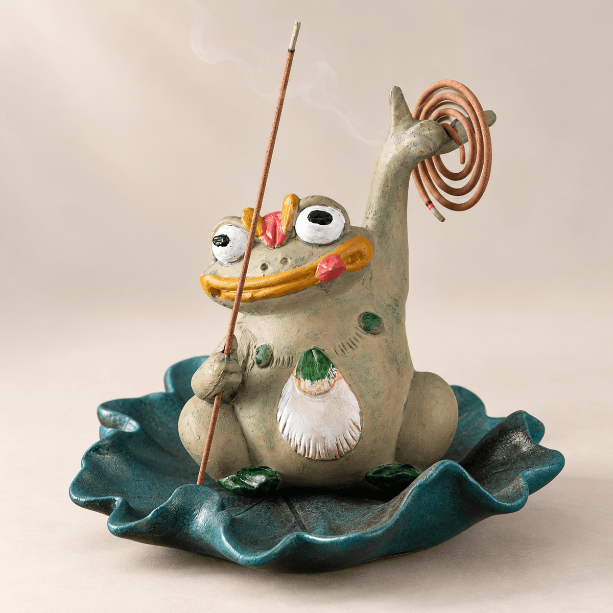 Handmade Ceramic Frog Incense Holder with Lotus Leaf Tray