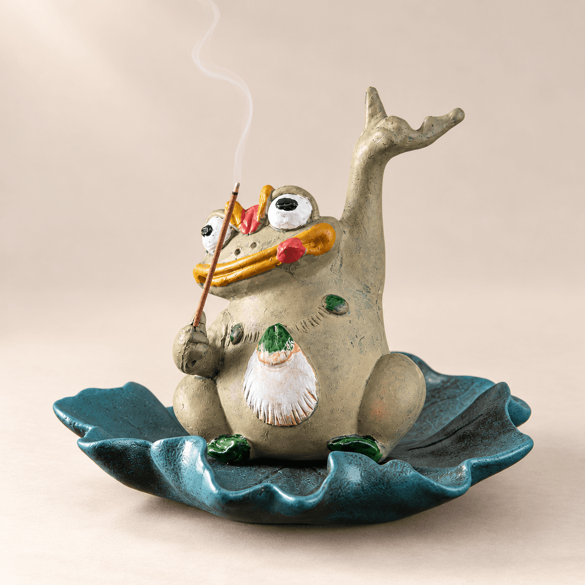 Handmade Ceramic Frog Incense Holder with Lotus Leaf Tray