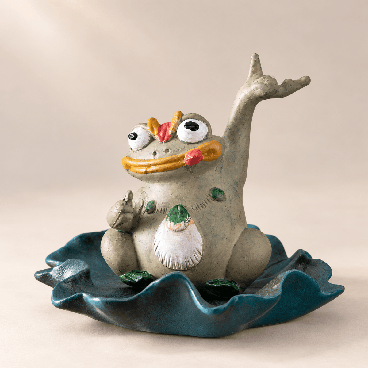 Handmade Ceramic Frog Incense Holder with Lotus Leaf Tray