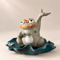 Handmade Ceramic Frog Incense Holder with Lotus Leaf Tray