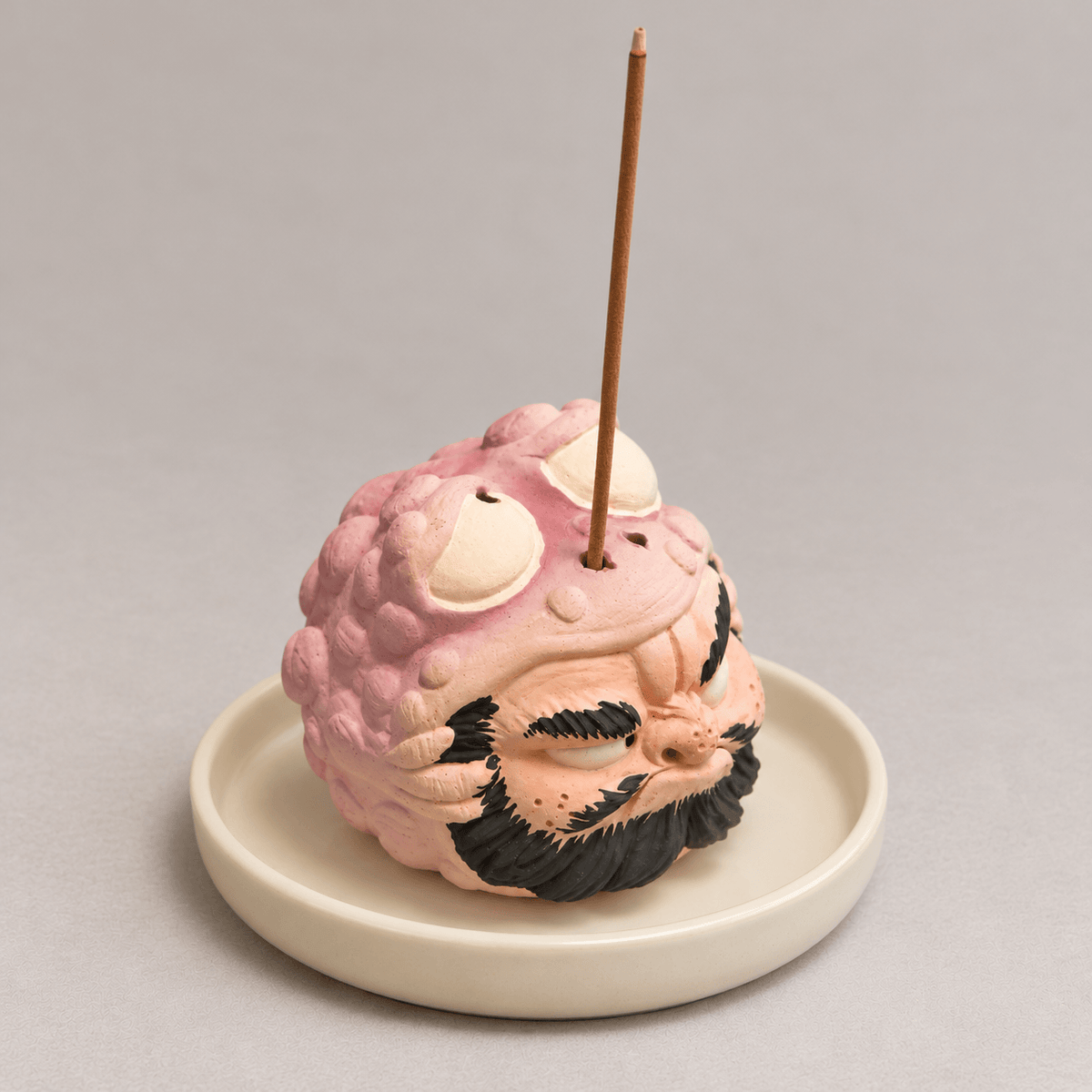 Handmade Ceramic Incense Holder – Zhong Kui in a Pink Toad Hood