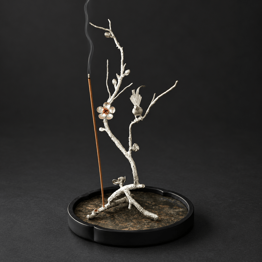 Pure Tin Bird & Blossom Incense Stick Holder