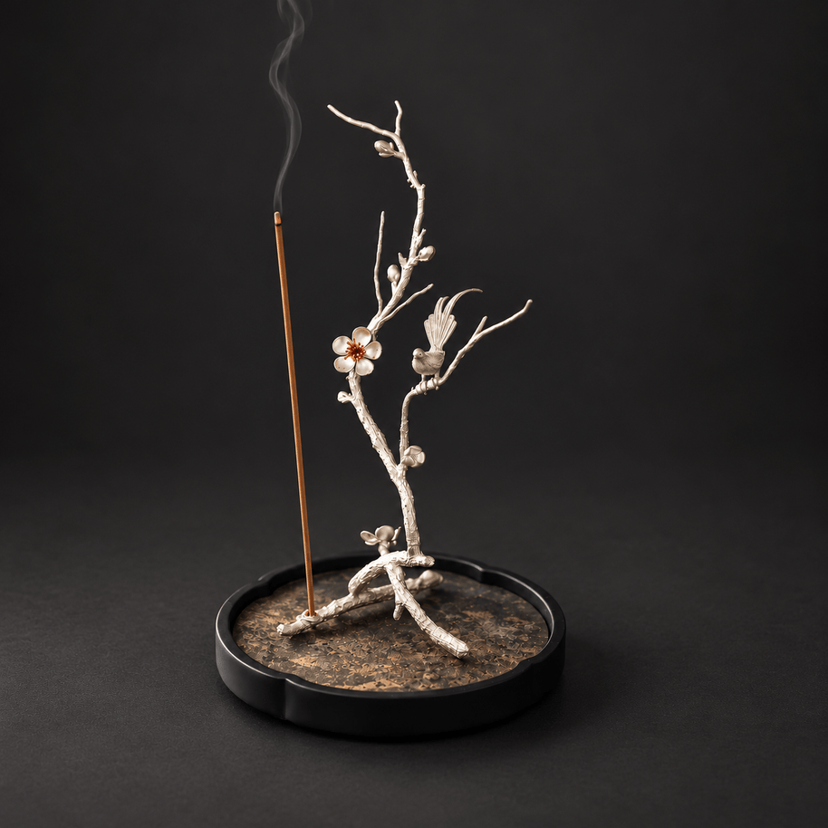 Pure Tin Bird & Blossom Incense Stick Holder
