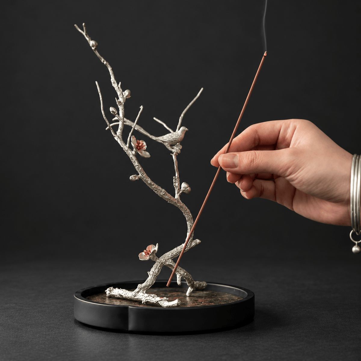 Pure Tin Bird & Blossom Incense Stick Holder