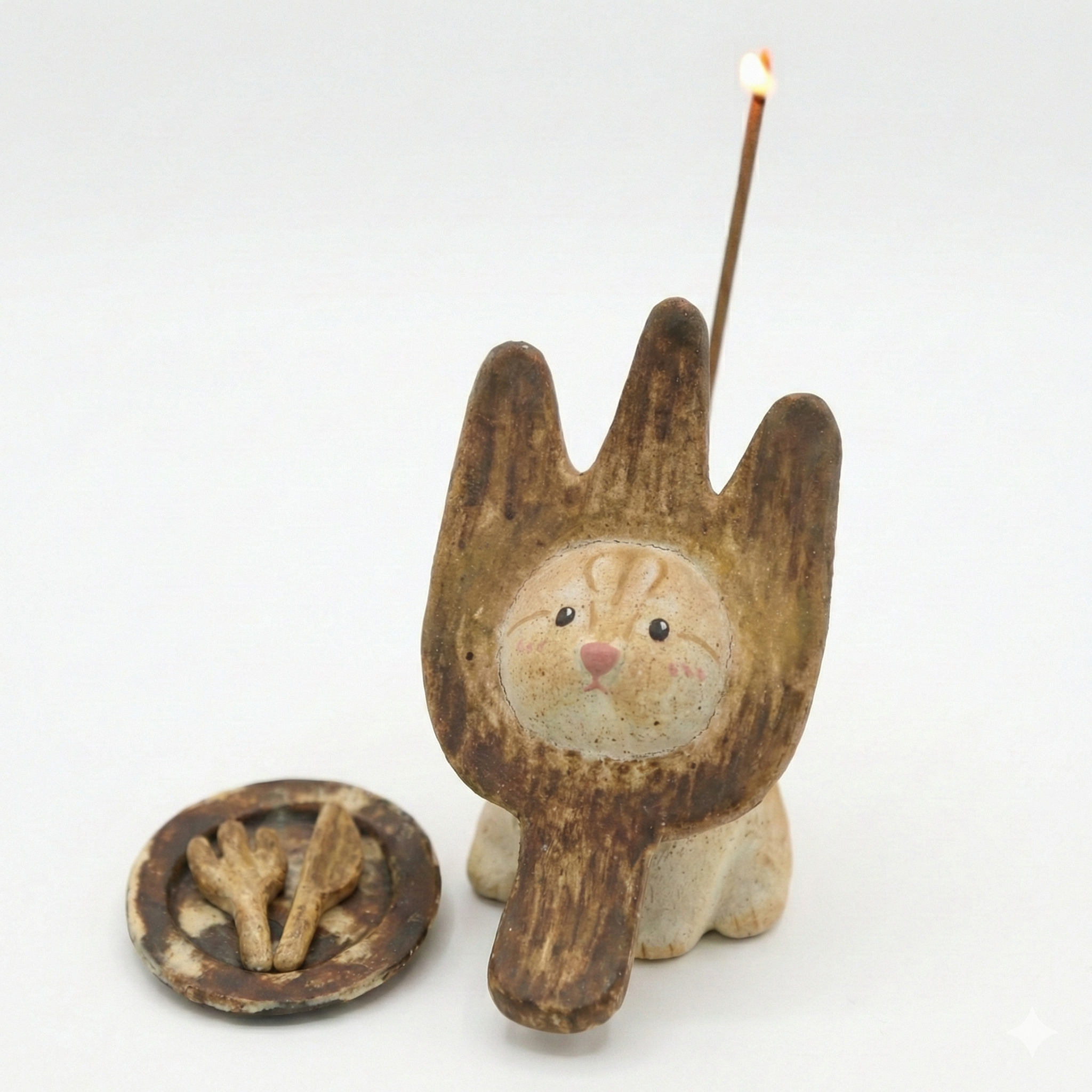 Handmade Ceramic Incense Holder - The Hungry Foodie Cat - Whimsical Fork Art Decor