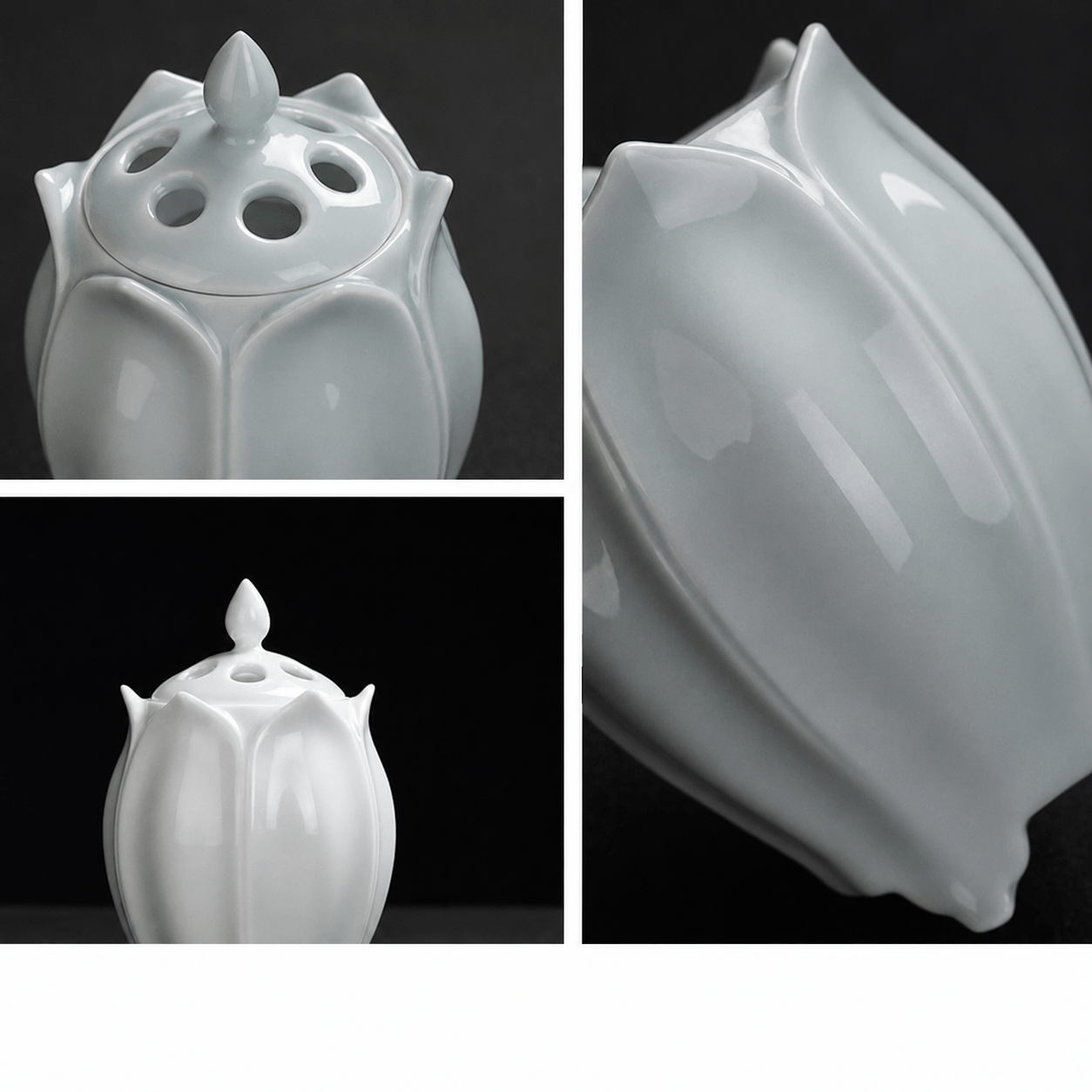Multiple detail views of a white lotus shaped electric ceramic incense burner showing the vented lid glossy petals and side profile