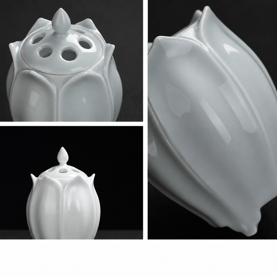 Multiple detail views of a white lotus shaped electric ceramic incense burner showing the vented lid glossy petals and side profile