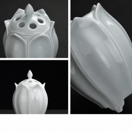 Multiple detail views of a white lotus shaped electric ceramic incense burner showing the vented lid glossy petals and side profile