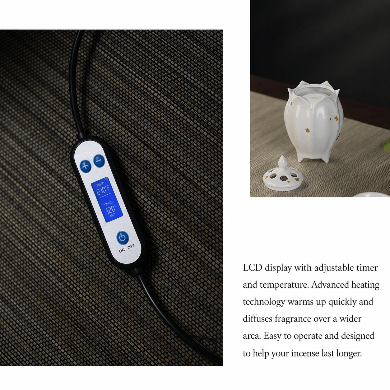 LCD temperature and timer controller shown beside a white lotus shaped electric ceramic incense burner with the lid removed