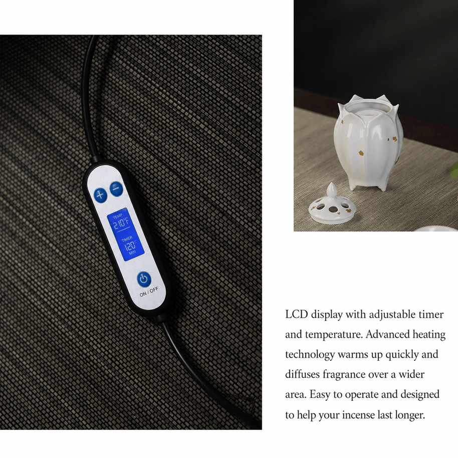 LCD temperature and timer controller shown beside a white lotus shaped electric ceramic incense burner with the lid removed